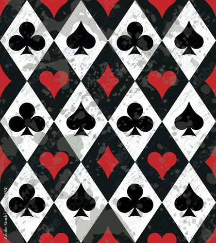 Seamless vector pattern. Playing card shirts. Suits of playing cards. Background for Alice in Wonderland