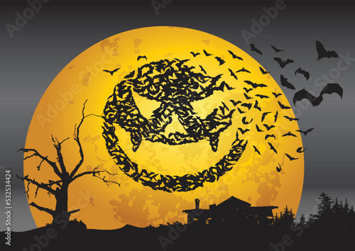 Spooky house, tree and pumpkin bats in halloween night