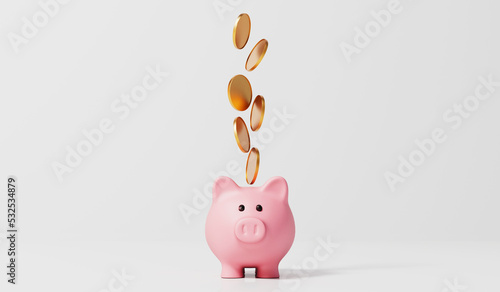 Fotografija Pink piggy bank money box with gold coins. 3D Rendering