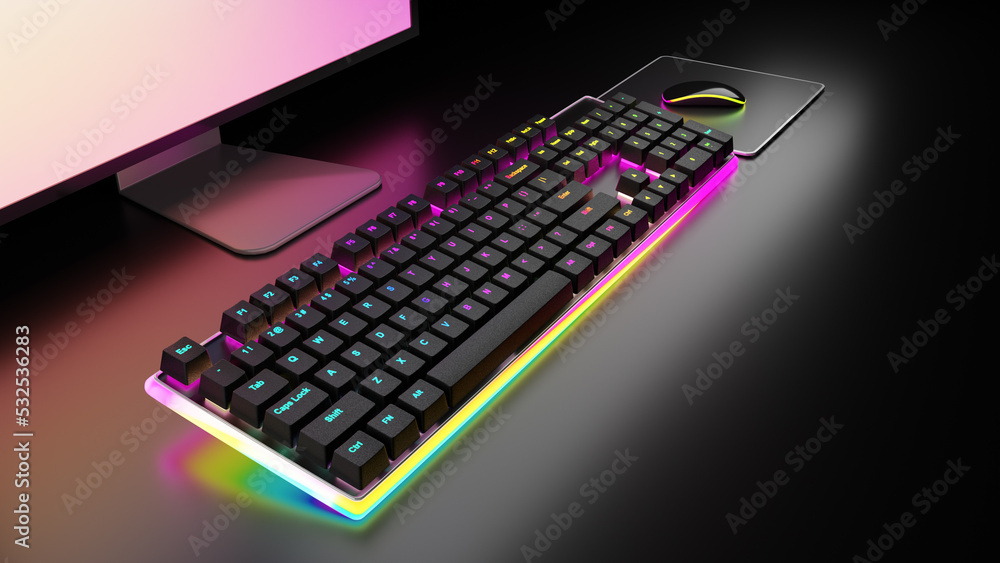 Gaming mechanical keyboard light led with mouse and monitor on black table.  3D illustration rendering image. Photos | Adobe Stock
