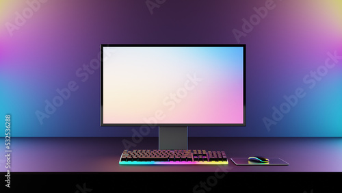 Gamer computer desktop with RGB lights on the background, Modern PC computer white screen mockup, gaming keyboard. 3d rendering illustration