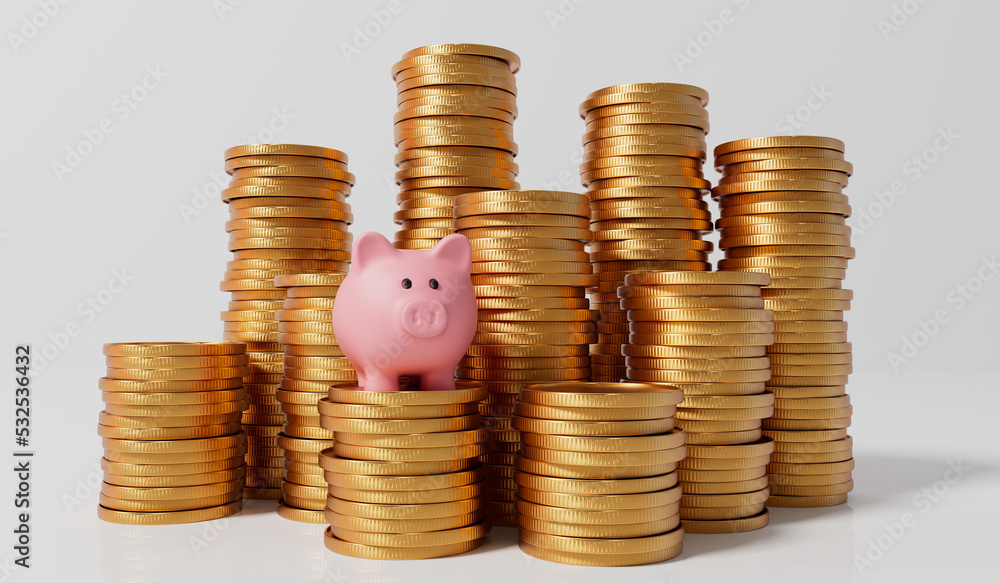 Pink piggy bank money box with a stack of gold coins. 3D Rendering