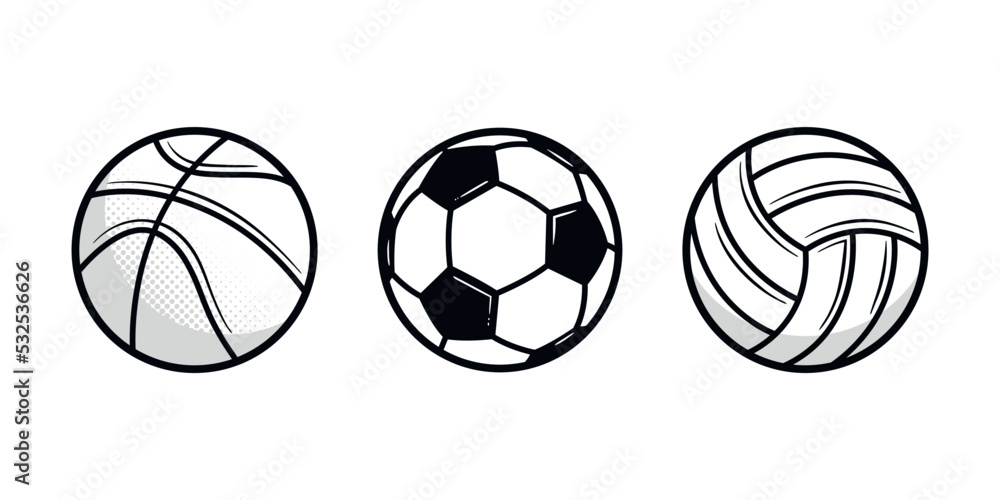 Vintage Sports balls set. Basketball, Soccer, Volleyball. Sport icons