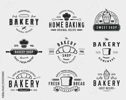 Bakery, Pastry logo set. Set of 9 bakery logo templates Bakery, Cafe, Cooking Class and Restaurant emblems. Bakery business logo templates. Trendy vintage hipster design. Vector illustration