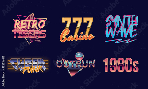 Set of Retro 80s logos. Retrowave, Synthwave logo. Retro 80's logos set for Night club, music album, party invitation designs. Print for t-shirt, tee. 20 colorful neon logo designs.