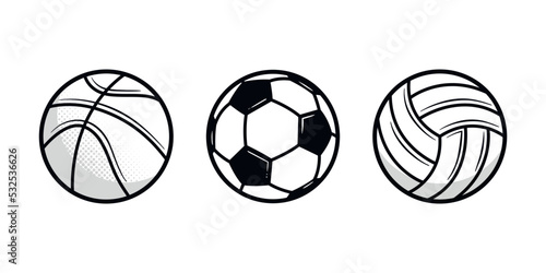 Vintage Sports balls set. Basketball, Soccer, Volleyball. Sport icons isolated on white background. Design elements for logo, poster, emblem. Vector illustration