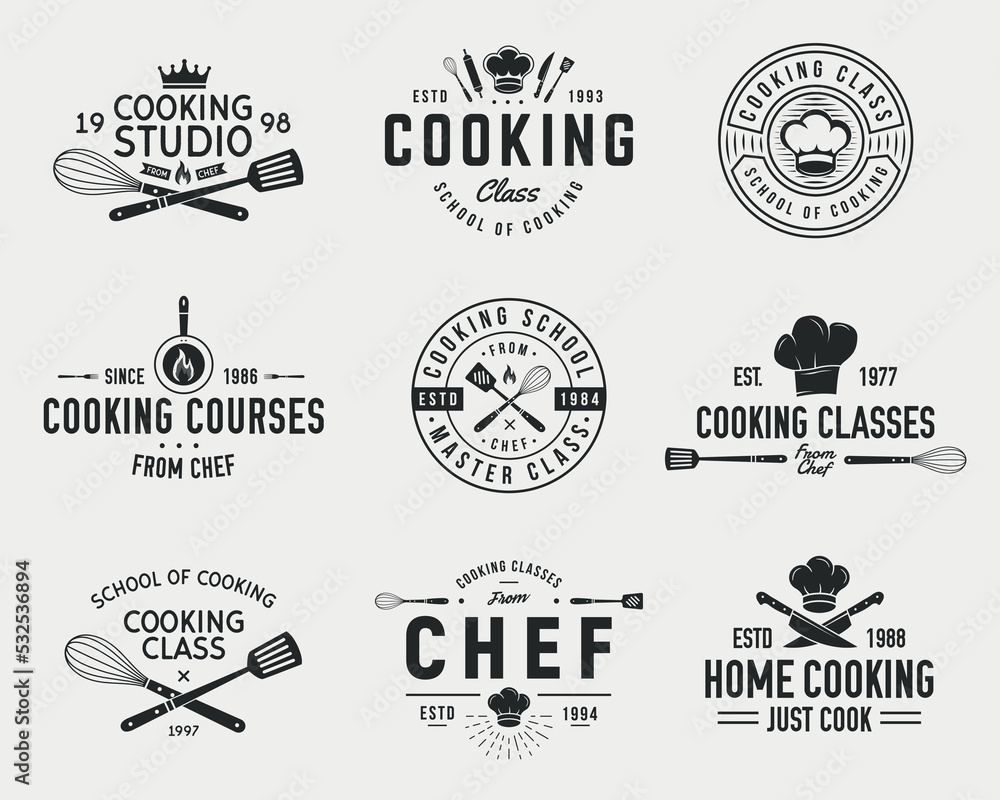 Fototapeta premium Cooking Class logo set. Set of 9 cooking templates for food studio, cooking courses, culinary school logo. Trendy vintage hipster design. Vector illustration