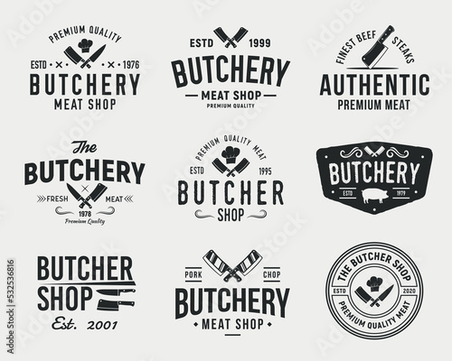 Butcher, Meat shop logo set. Set of 9 meat logo templates for Steak House, Meat shop, butchery emblems. Meat business logo templates. Trendy vintage hipster design. Vector illustration