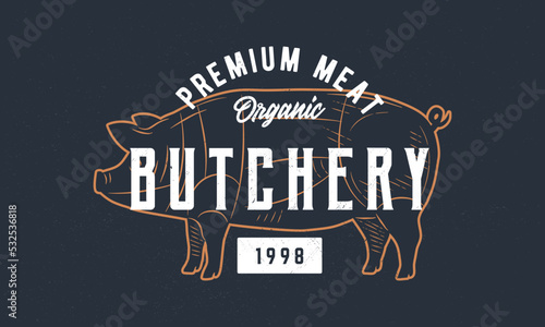 Butchery logo. Butcher, barbecue restaurant poster. BBQ trendy logo with pig engraved silhouette. Craft grunge texture. Vector emblem template.