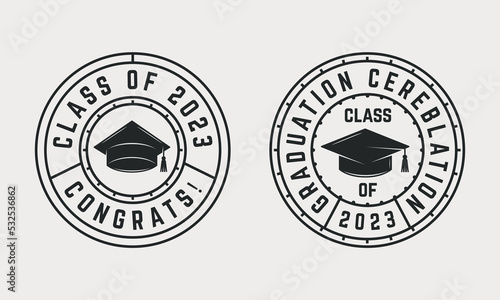 Vintage graduation badges, labels. Circle graduation logo set with graduate hat isolated on white background. Vector illustration