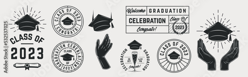 Set of Education, Graduation labels and icons. Graduation badges, hands with graduate cap. Vintage elements for design logo, poster, print for t-shirt. Vector illustration