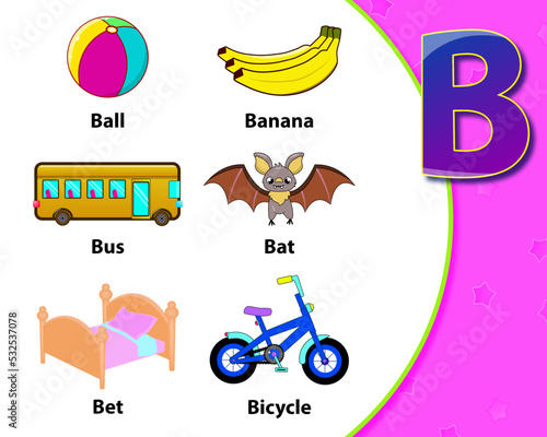 Letter B. Educational illustrations in cartoon style for children. Teaching children the alphabet. Words with the letter B.