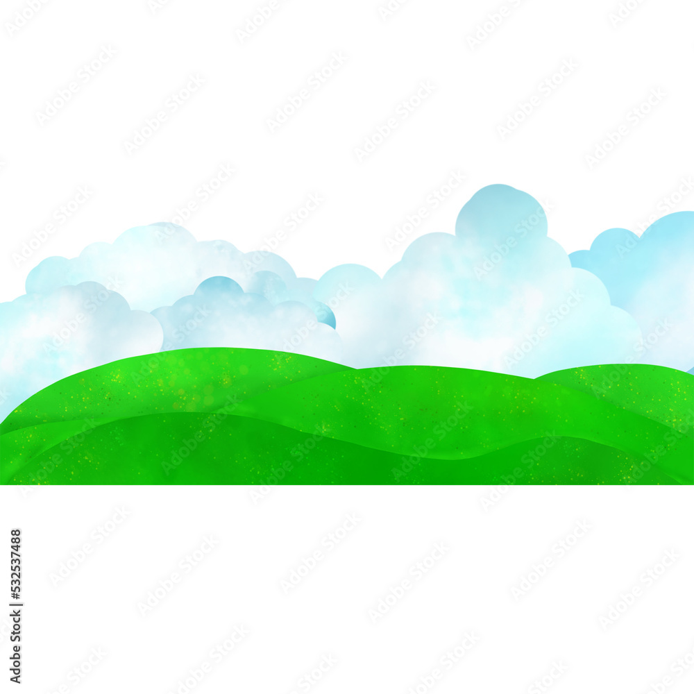 Green hills and clouds. Beautiful landscape. Illustration