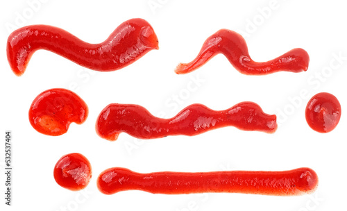 Collection of tomato sauce isolated on a white background, top view. Ketchup splashes.