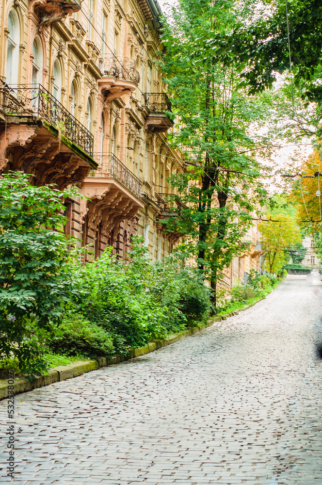 an empty street in a beautiful old city, architecture, historical sights Lviv Ukraine 