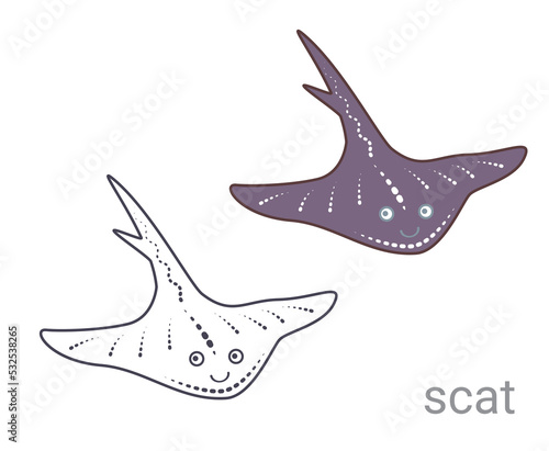 Set of colored scat and scat outline for coloring. Underwater world! Cute cartoon scat. Vector illustration. Drawings for banner, card, postcard