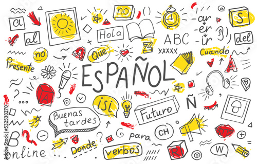 Español. Interpreter language online. Spanish language learning concept vector illustration. Doodle of foreign language education course for home online training study. photo