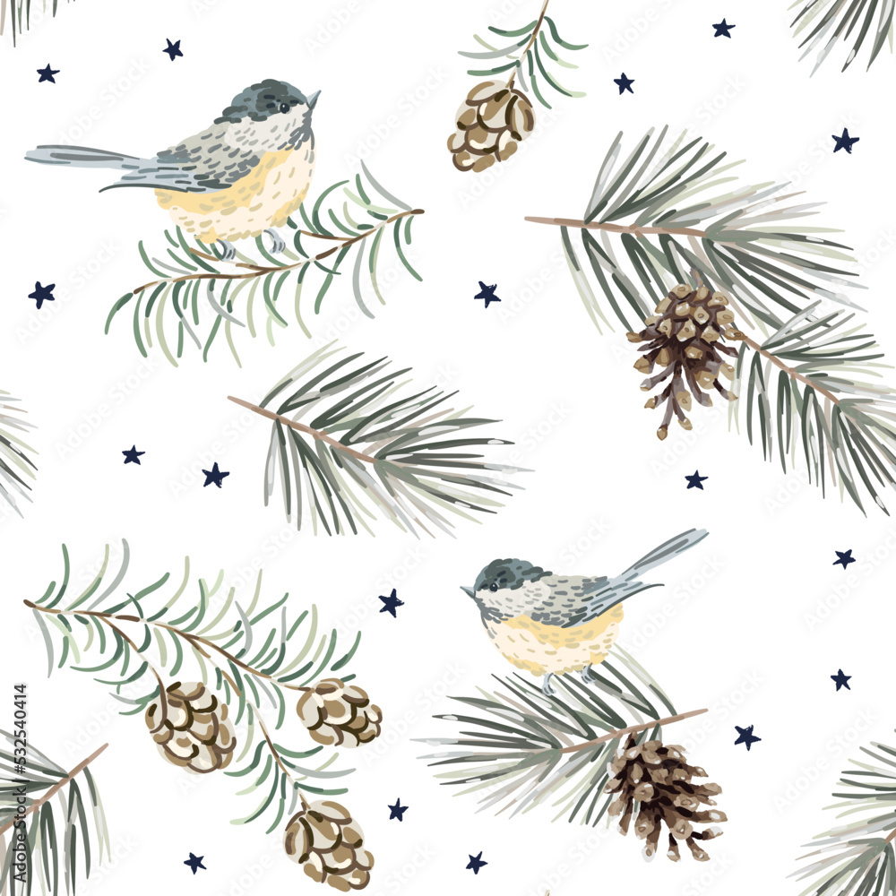 Fototapeta premium Christmas seamless pattern, titmouse birds, green twigs, pine cones, stars, white background. Vector illustration. Nature design. Season greeting. Winter Xmas holidays