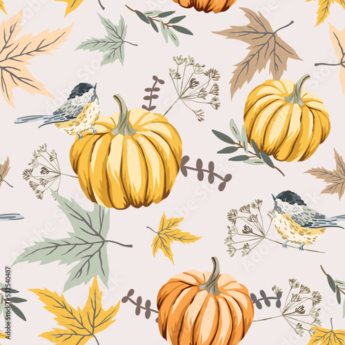 Autumn titmouse birds, pumpkins, maple leaves, light background. Vector seamless pattern. Fall season illustration. October harvest. Organic vegetable garden food. Nature design
