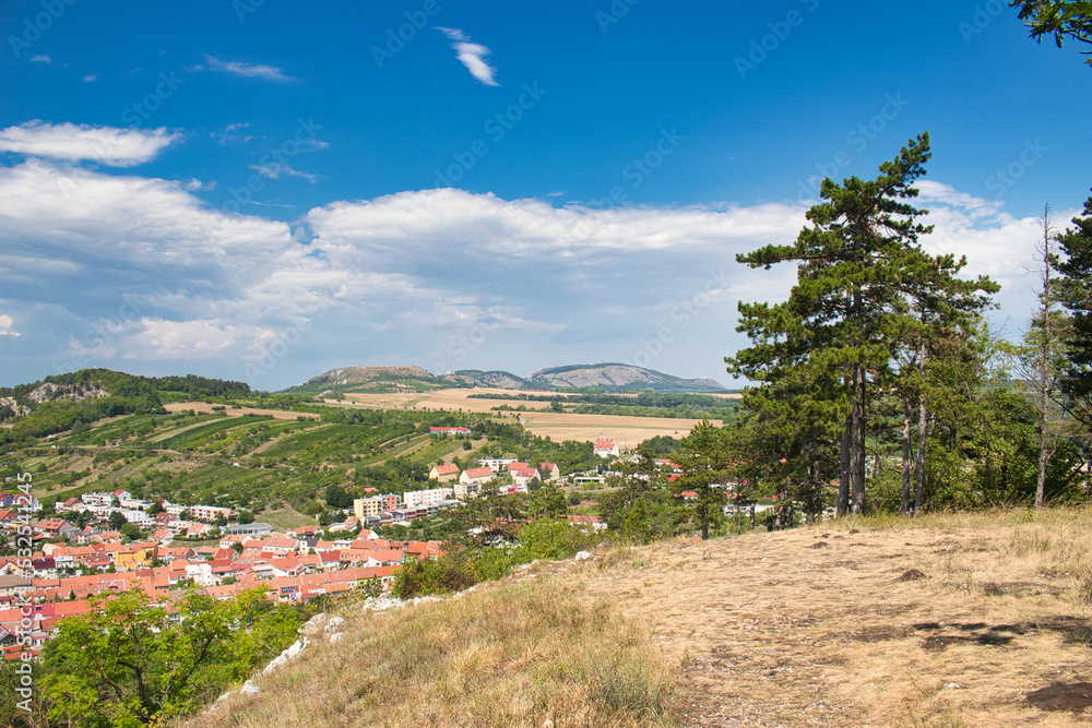 View of the Pálava region over Mikulov town, Holy hill. Moravia. Czech Republic.