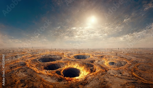 An Illustration based on the Darvaza Gas Crater in Turkmenistan also known as the 'Doorway to Hell'. photo