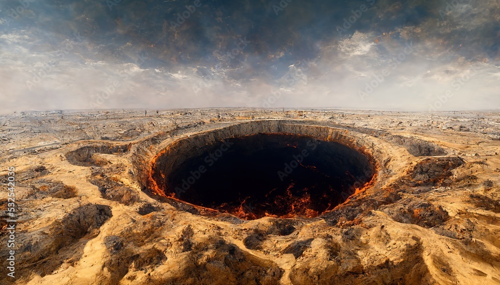 An Illustration based on the Darvaza Gas Crater in Turkmenistan also known as the 'Doorway to Hell'. - obrazy, fototapety, plakaty 