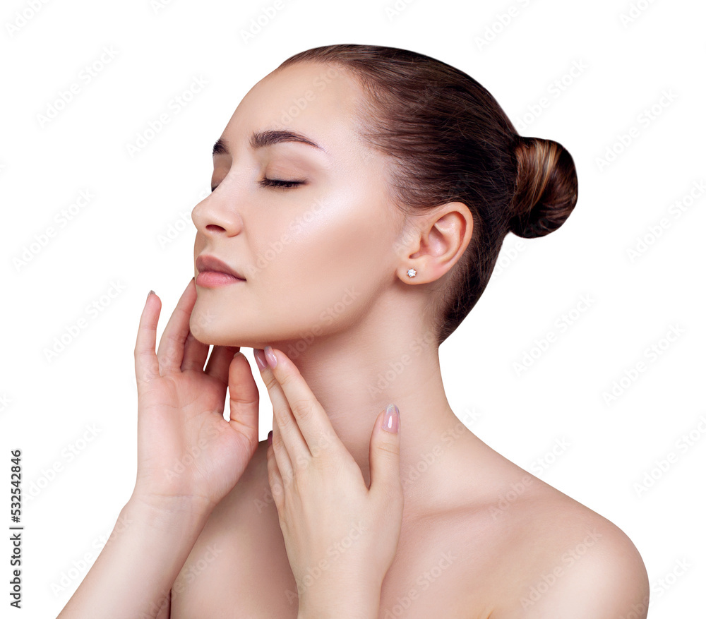 Fototapeta premium Side view on beautiful girl with perfect makeup and skin.