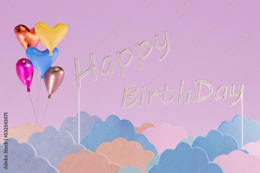 Happy birthday greetings. multi-colored clouds, balloons and an inscription with a birthday. 3D render