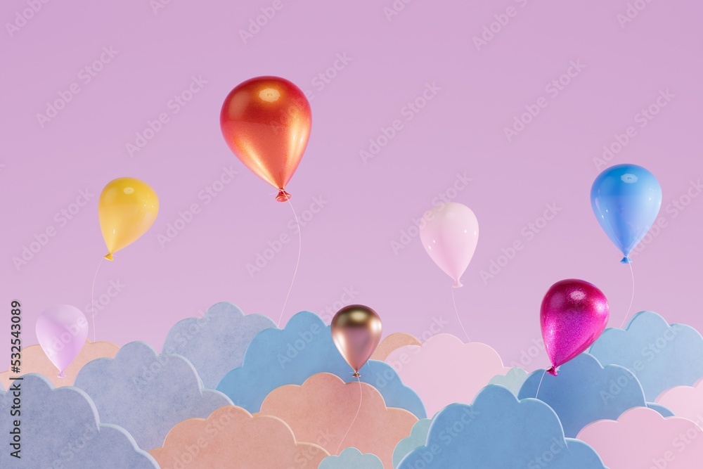 an abstract background with multi-colored clouds and balloons flying across the pastel background. 3D render
