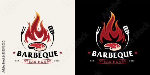 Barbeque logo fire concept combined with steak beef and spatula. BBQ logo template. Vector illustration