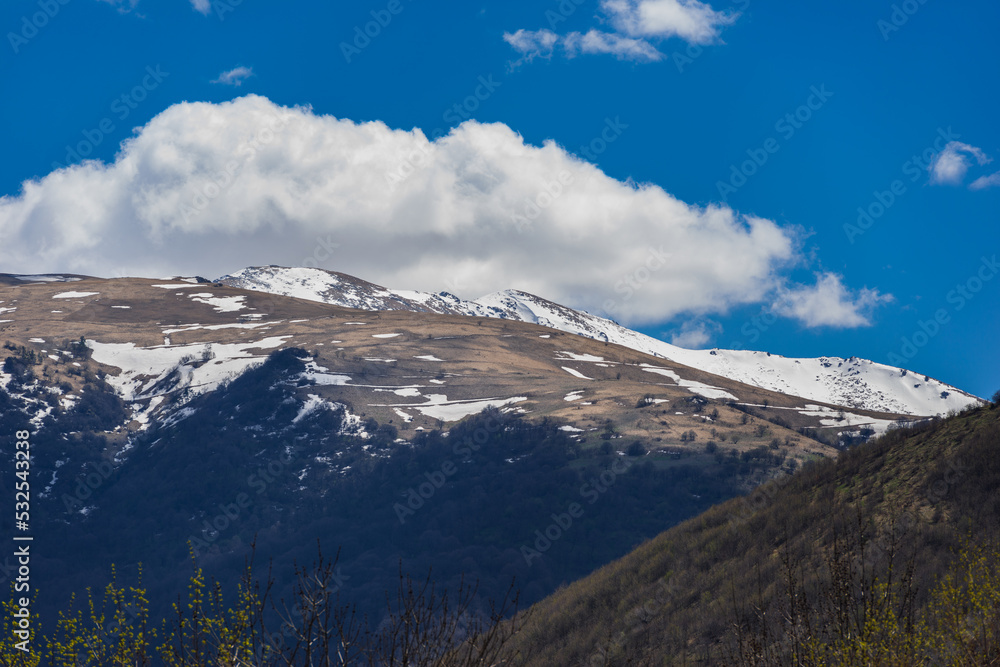 Spring landscape with snowy mountains