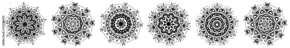 Laconic set of abstract mandalas, oriental style. Geometric flowers, snowflakes. Vector round symmetrical illustration made with line. Collection of pictures for adults coloring books. Contour drawing