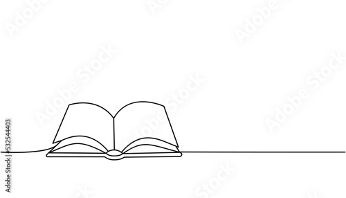 Open book one line continuous drawing. Bookstore, library continuous one line illustration. Vector minimalist linear illustration.