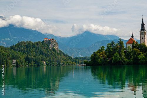 view over lake Bled and Bled island with the Church of the Assumption of Mary in Slovenia