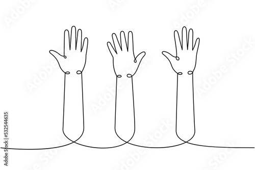 Raised hands one line continuous drawing. Voting, volunteering continuous one line illustration. Vector minimalist linear illustration.