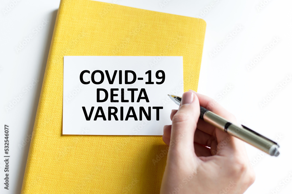 A text Covid-19 Delta Variant with various protection masks on background. COVID-19 delta variant strain protection concept.