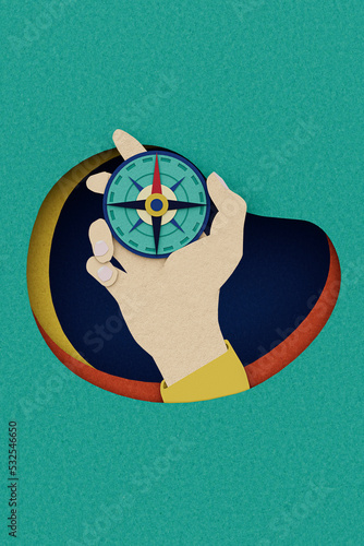 Hand with compass. Paper Illustration photo