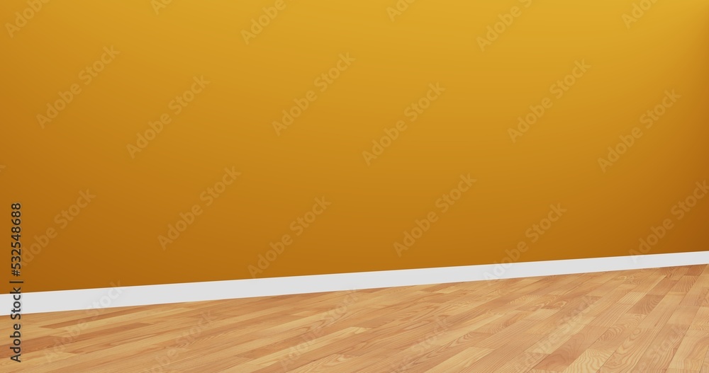 Empty room mockup with orange wall and beautiful wooden floor. 3d