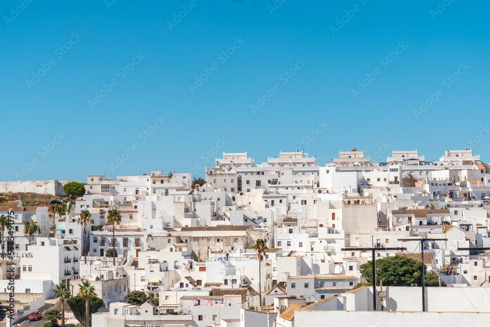 Panoramic view of the beautiful white houses of Vejer de la Frontera, Cadiz. Andalusia
