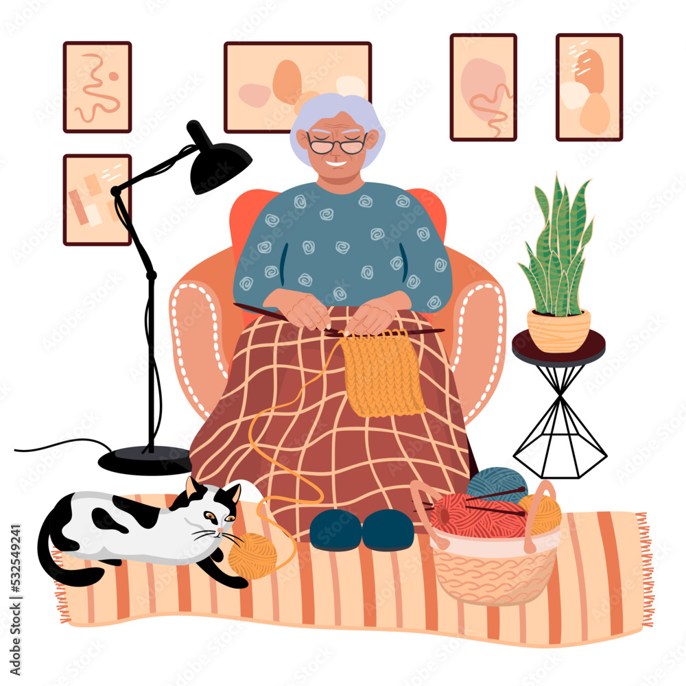 A gray-haired elderly woman sits in an armchair and knits. A blanket, a ...