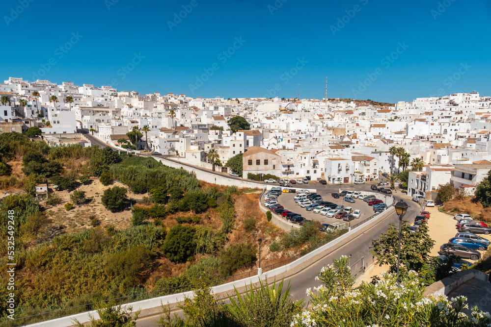 Panoramic view of the tourist town of white houses of Vejer de la Frontera, Cadiz. Andalusia