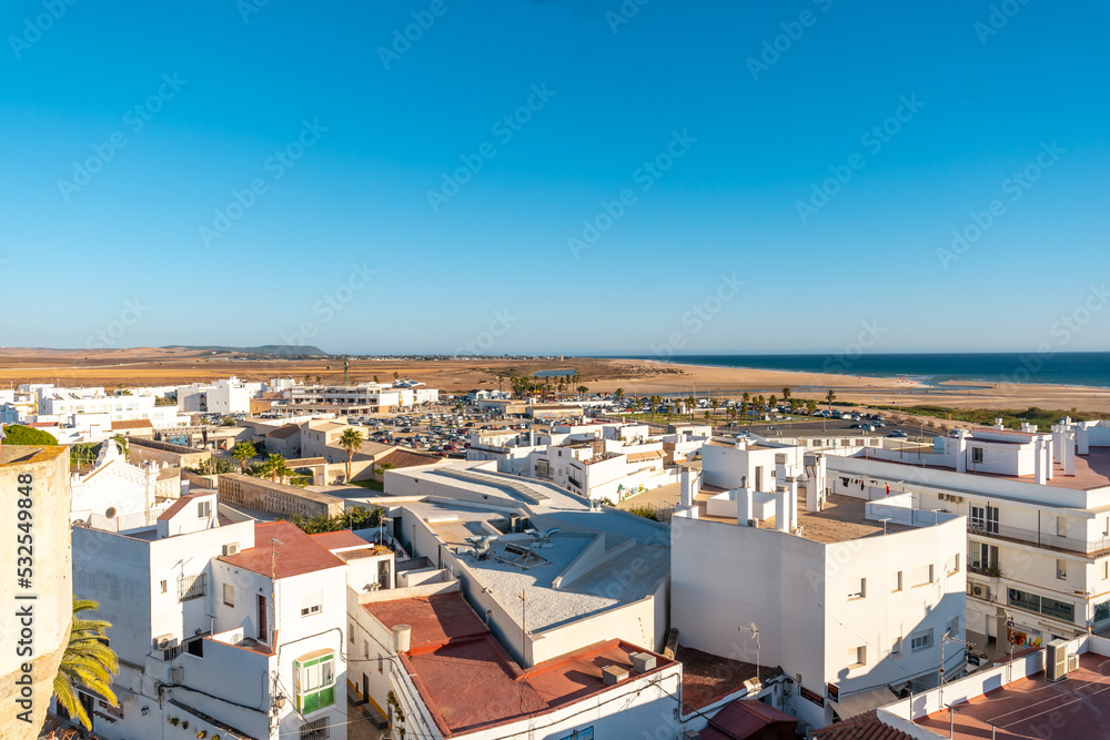 Aerial view of the Bateles beach in Conil de la Frontera from the Torre de Guzman, Cadiz. Andalusia