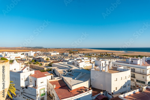 Aerial view of the Bateles beach in Conil de la Frontera from the Torre de Guzman, Cadiz. Andalusia