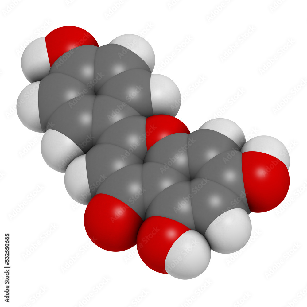 Apigenin yellow herbal dye molecule, 3D rendering. Apigenin yellow herbal dye molecule, 3D rendering.