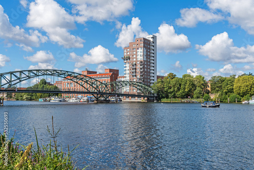River Havel with the bridge Eiswerderbruecke and the street Frieda Arnheim Promenade in Berlin, Germany