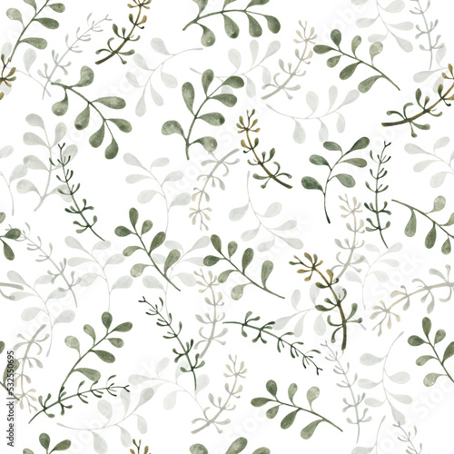 Watercolor seamless pattern with abstract floral branches with leaves. Hand drawn nature illustration in vintage style on white background. For interior, packaging design or print