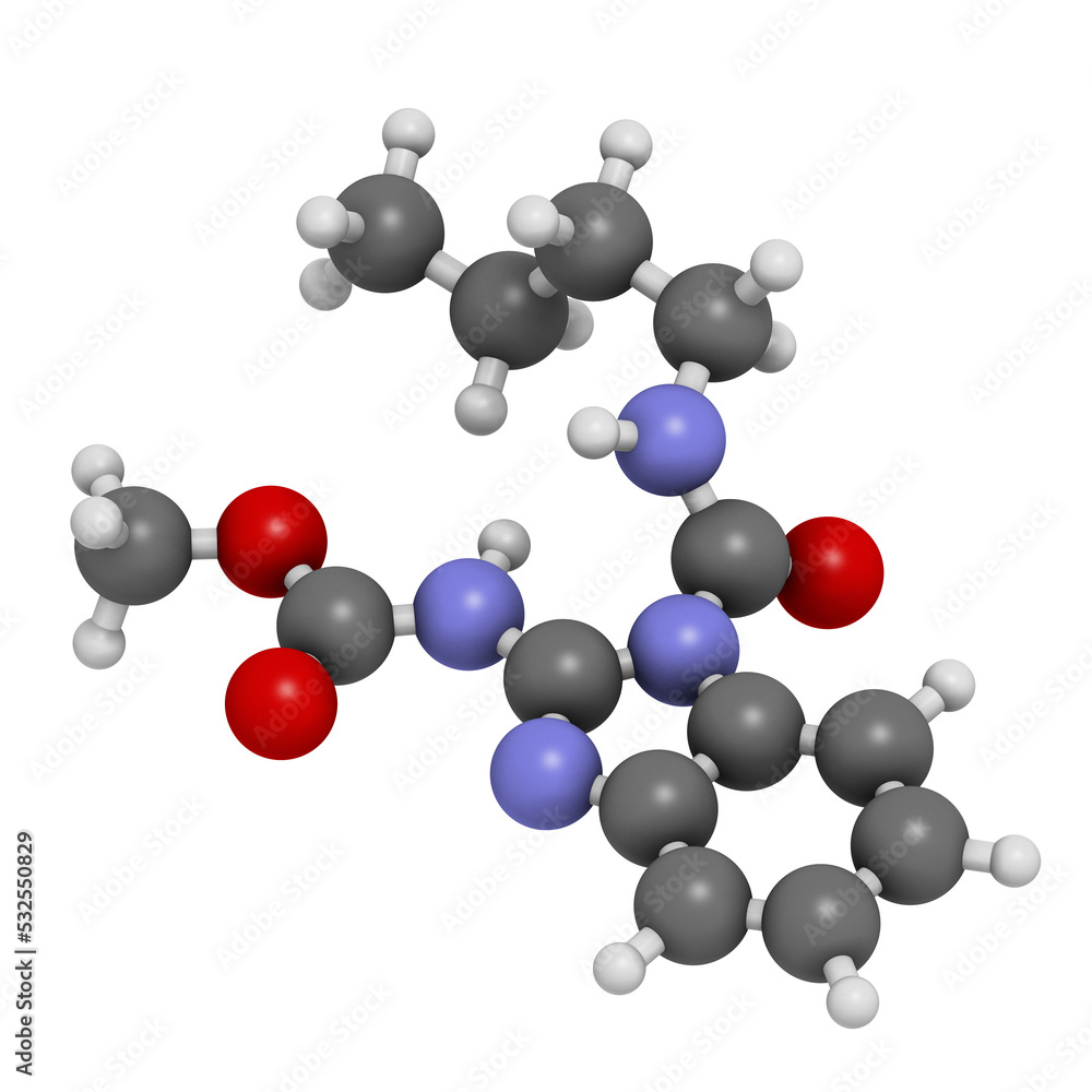 Benomyl fungicide molecule, 3D rendering. Benomyl fungicide molecule, 3D rendering.