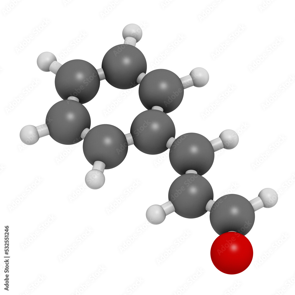 Cinnamaldehyde (cinnamic aldehyde) cinnamon flavor molecule, 3D rendering. Cinnamaldehyde (cinnamic aldehyde) cinnamon flavor molecule, 3D rendering.