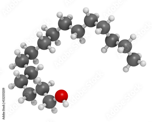 Cetyl (or palmityl) alcohol molecule. Constituent of cetostearyl alcohol (cetearyl alcohol, cetylstearyl alcohol), 3D rendering. photo