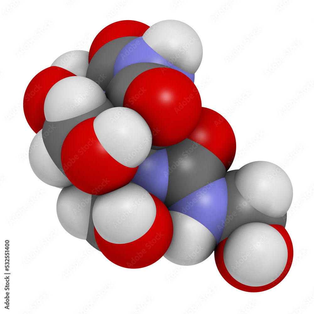 Diazolidinyl urea antimicrobial preservative molecule (formaldehyde releaser), 3D rendering. Diazolidinyl urea antimicrobial preservative molecule (formaldehyde releaser), 3D rendering.